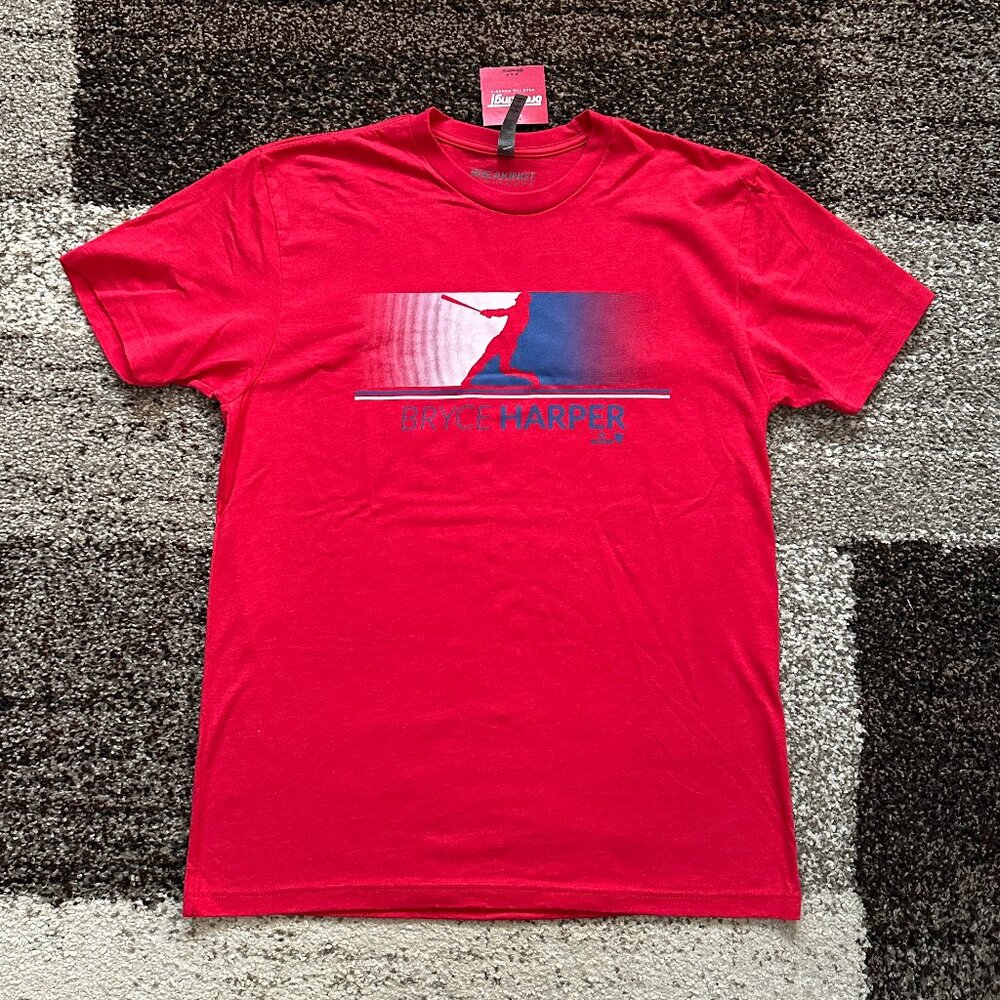 BREAKINGT (L) Bryce Harper Silo Stripe Shirt Phillies Red Blue Action MVP MV3